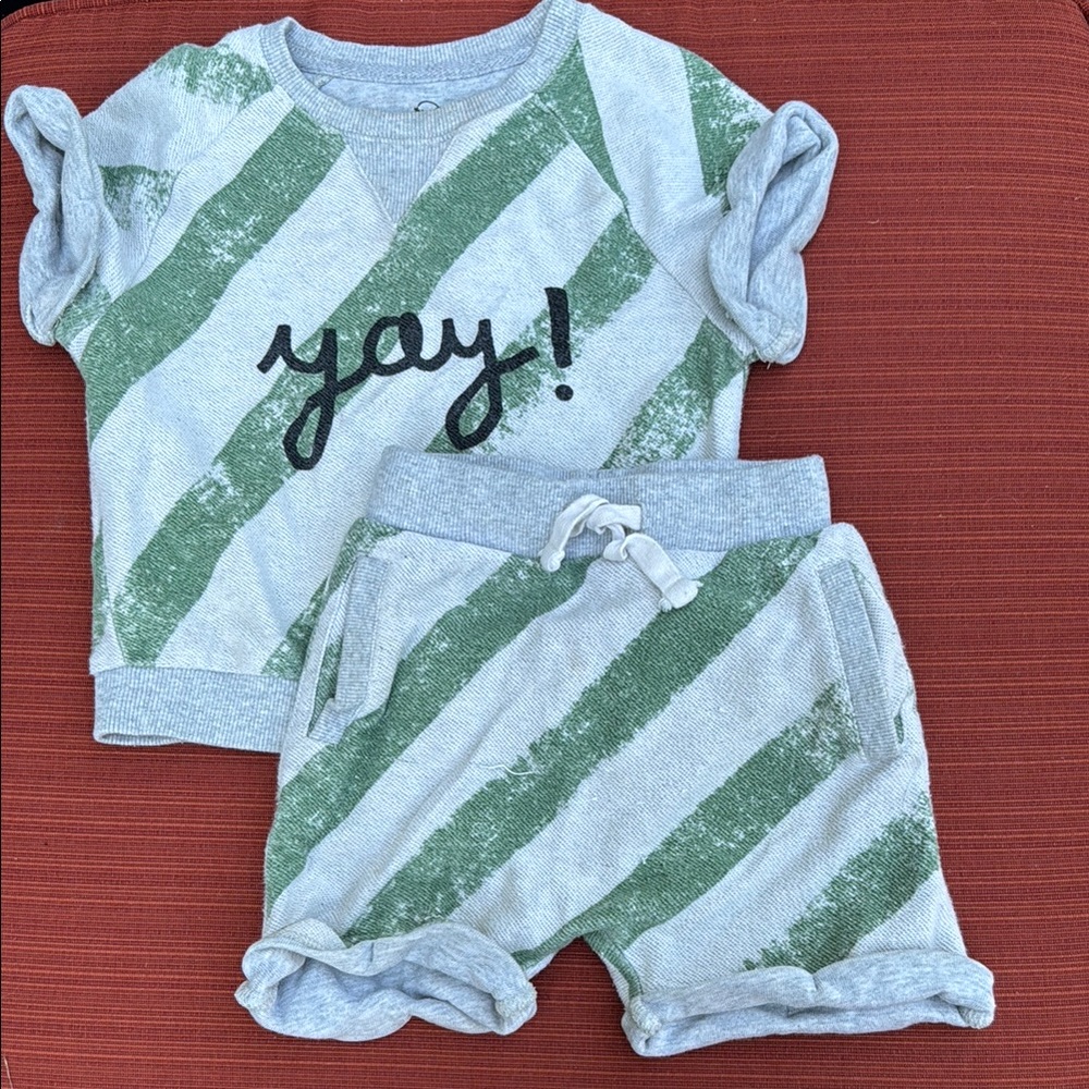 Kids Green and Gray Striped “yay!” Summer Set. Working Functional Drawstring